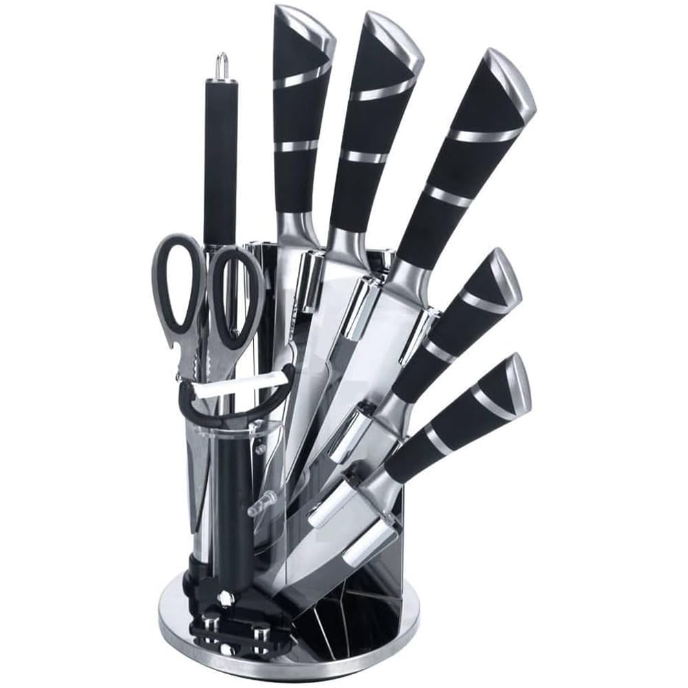 Factory Price9 Pcs Stainless Steel Kitchen Knife Set with Peelers - Rotating Stand with Black & Silver Stroke