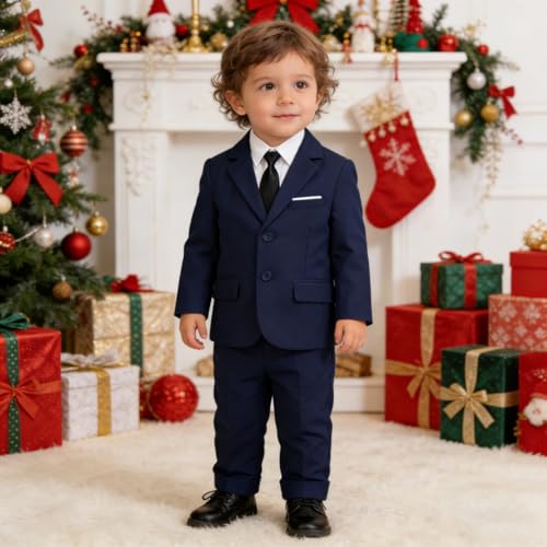 Image of Baby Boy Formal Suit for Toddler Infant Tuxedo Dress Suits | Little Gentleman, Wedding Ring Bearer Outfit, Vest Pants Long-Sleeve Shirt Tie, Birthday Party Christmas Prom, Classic