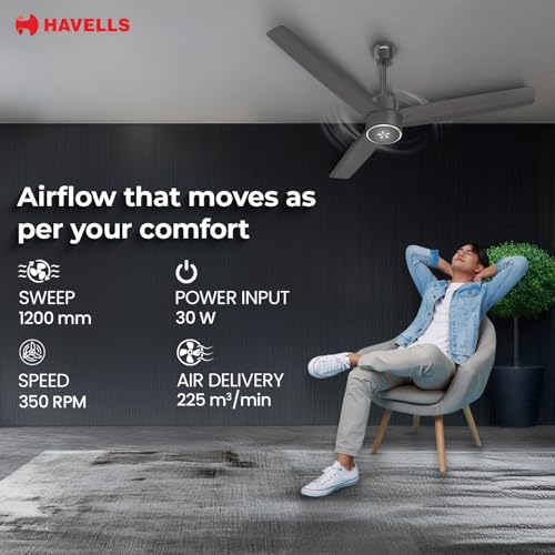 Image of Havells EPIC SIGNIA BLDC Ceiling Fan 1200mm, 5 star, LED Speed Indicator, 380 RPM, Up to 65% Savings,Reverse Rotation,4 Speed Modes,Low Wattage 30W,Low Noise,Air Flow:225 CMM, Smoke Brown