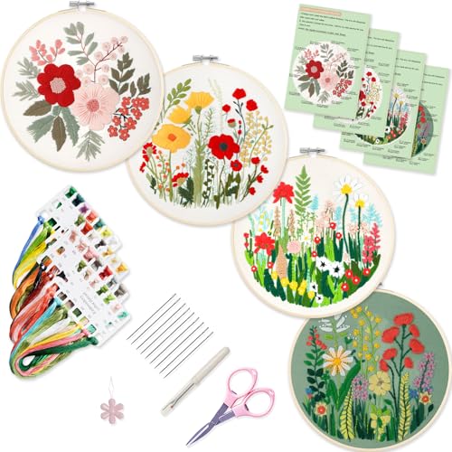 Image of Bonroy Embroidery Kit for Beginners with Instructions,Cross Stitch Kits for Adults with Pattern,Needlepoint Kits for Adult Include Embroidery Cloth Hoops Needles Threads (flowers5)