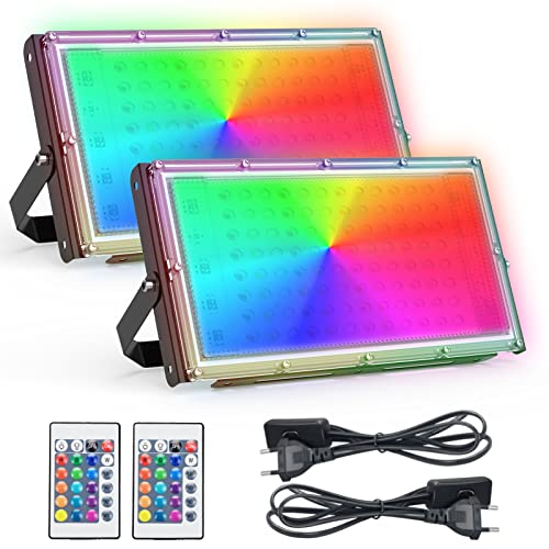 Romwish RGB Projecteur LED 100W 2 Pack, Dimmable Couleur Projecteur Extérieur, 16 Couleurs 4 Modes avec Télécommande Etanche IP65 Spot LED Exterieur Pour Patio Jardin Terrasse Garage Cour Entrée