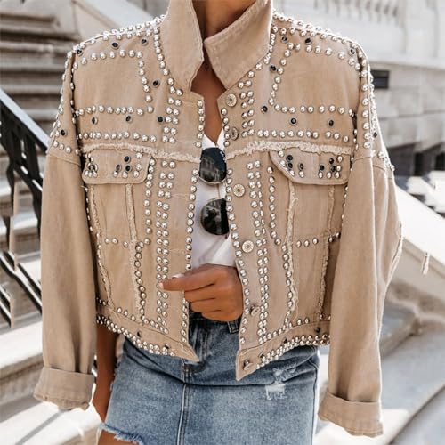Womens Fashion Crop Rivet Studded Denim Jacket Casual Vintage Long Sleeve Pearl Short Jean Coat Trucker Jacket2