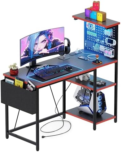 Gaming Desk 100 x 50 cm with Pegboard & Power Outlet & LED Light,...