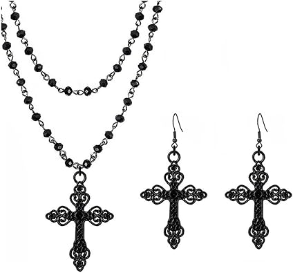 Gothic Layered Necklace Earrings Set Vintage Sun Cross Moon Pendant Necklace Earrings Dark Style Black Crystal Beaded Chain Choker Necklaces Goth Grunge Emo Y2K Set Halloween Christmas Jewelry