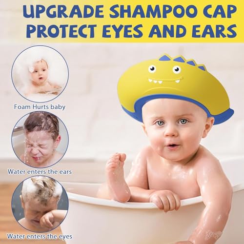 Image of Baby Shower Cap Shield, Shower Cap for Kids, Visor Hat for Eye and Ear Protection for 0-9 Years Old Children,Cute Dinosaur shape Makes the Baby Bath More Fun (F)