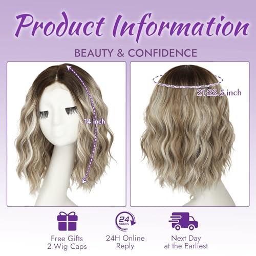 Image of Eawwii Wigs for Women Ombre Ash Brown Blonde,Short Wavy Synthetic Lace Wig | Glueless 4x1 Lace Hairline with Platinum Blonde, Heat-Resistant Fiber,Bob Wave Style,Natural Appearance for Everyday14 Inch