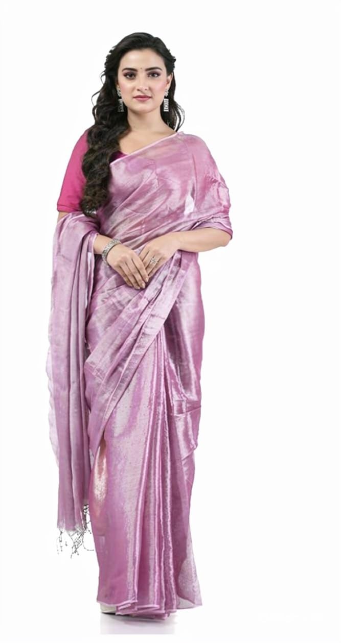 LA AMOUR Women's Tissue Cotton Saree with Tassel Pallu Design, Plain Without Border, Soft Lightweight with Matching Blouse Piece for Festive & Casual Occasion-image-48