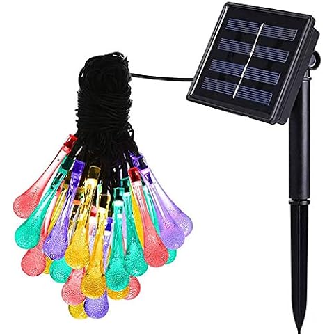 Highill Solar Powered LED Fairy Lights 8 Mode String Light 30 Water Drop 6.5M Multi Color Waterproof for Indoor Outdoor Party Garden Christmas Halloween Wedding Home Bedroom Yard Deck Decoration Cover