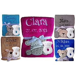 Kuschlige Babydecke Bestickt mit Name / Geburtsdatum Geschenk Baby Taufe Geburt