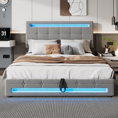BTM 135x190cm Uphostered Double Bed, 4FT6 Double Bed with Storage, Headboard and 7 Colors and 12 Dynamic Modes LED-Light Strips, Grey Velvet Bed