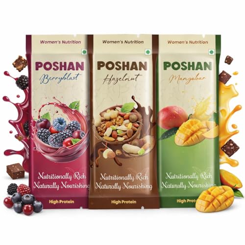 Image of POSHAN Women's Nutrition Protein Bar, 40 g | 8g Protein with 4G Fiber |No Added Sugar, 100% Vegetarian & Gluten-Free| Made with Dates, Ragi and Superfoods|No Trans Fat |Pack of 3