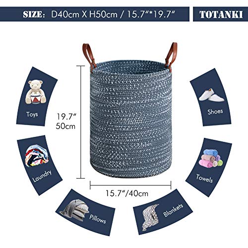 Totanki Large Cotton Rope Laundry Storage Basket - 15.7 Inches(D) X 19.7 Inches(H) - Collapsible Woven Basket With Leather Handles For Storing Clothing, Diapers, Toys (Blue) #TOP2