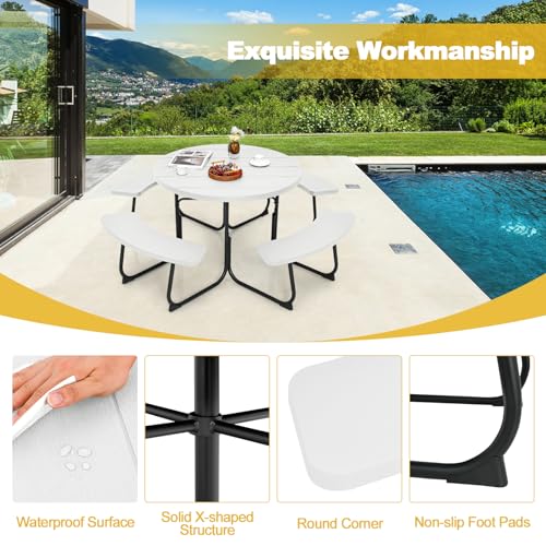 Image of Tangkula 8 Person Picnic Table, Outdoor Round Picnic Table with 4 Built-in Benches, Umbrella Hole, Metal Frame & HDPE Tabletop, Outside Table and Bench Set for Backyard, 2300lbs Weight Capacity