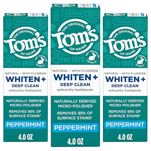 Tom's of Maine Whiten Plus Deep Clean Whitening Toothpaste, Natural Whitening Toothpaste with Plant-Based Cleansers, Enamel Safe, Whitens Without Causing Sensitivity, Peppermint, 4.0 oz (Pack of 3)