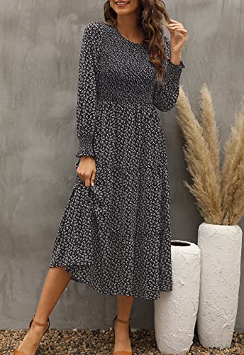 Zattcas Womens Fall Dresses 2025 Casual Long Sleeve Smocked Boho Floral Tiered Midi Wedding Guest Dress with Pockets2