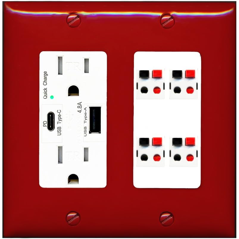 RiteAV 4 Port Speaker Wire Plug Jack Wall Plate - USB A+C Outlet [Red/White]