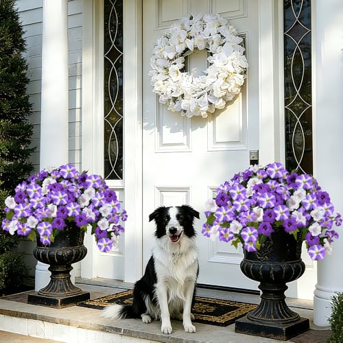 Image of Artificial Petunias 2 Packs UV Resistant, Purple White | Realistic silk no-fade faux flowers for outdoor hanging baskets, porch, patio, balcony garden decor,UV protected&weatherproof