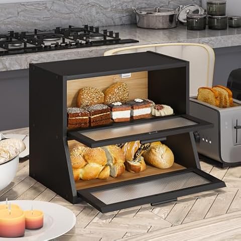 Large Bread Box Double Layer Bamboo Bread Box for Kitchen Counter Container Farmhouse Bread Box Bread Holder Capacity Bread Storage Bin(Black) Cover