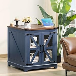 Farmhouse End Table,24" Large Sofa Side Table with Charging Station Glass Barn Door,Wood Nightstand with Adjustable Storage Shelf,Square Bedside Table for Living Room,Bedroom,Office-Blue Farmhouse End Table24 Large Sofa Side Table with Charging Station Glass Barn DoorWood Nightstand with Adjustable Storage ShelfSquare Bedside Table for Living RoomBedroomOffice Blue