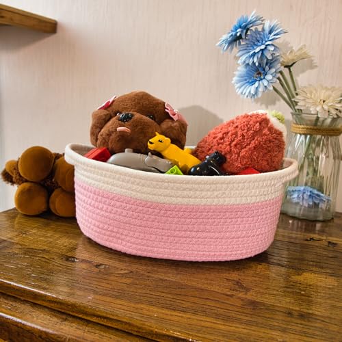 Image of 2 Pack Small Woven Storage Basket with Handles 12 inchx8 inchx5 inch, Decorative Rope Bin for Home Organization, Shelf Storage,Cotton Rope Room Shelf Storage Basket with Handles