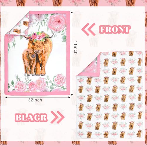 Image of Hahafelt 3 Piece Highland Cow Baby Crib Bedding Set for Baby Girls Pink Floral Nursery Crib Sets Includes Quilt,Fitted Crib Sheet, Crib Skirt for Newborns Baby Boy Girl