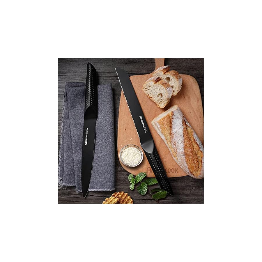 Astercook Knife Set, 21 Pieces Chef Knives Set with Block for Kitchen, German Stainless Steel Handle One-Piece Design Knife Block Sets, Dishwasher Safe, Black