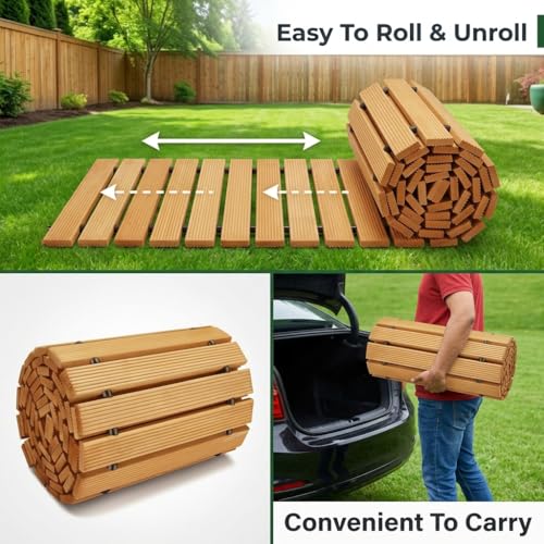 Image of ORTIZA 4FT Wooden Garden Pathway Walkway, Outdoor Roll Out Decorative Walkway, Weather-Resistant Non-Slip Patio Path, Portable Pavers Boardwalk for Backyard, Lawn, Beach, Garden Party - Orange
