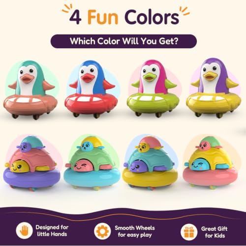 Image of Friction Powered Toy Vehicles Pack of 4 for Kids with Topsy Turtle, Penguin, Carnival Car with Whistle & Farm Truck Designs,Best Gift for Kids, 3+ Years