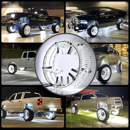 Image of Tavaray 4PCS 14 inch Super Bright Double Row Pure White Wheel Lights, Remote Control with Flashing Modes, IP67 Waterproof, 6500K LED Wheel Ring Lights for Trucks Cars SUV Pickup Vehicles Offroad