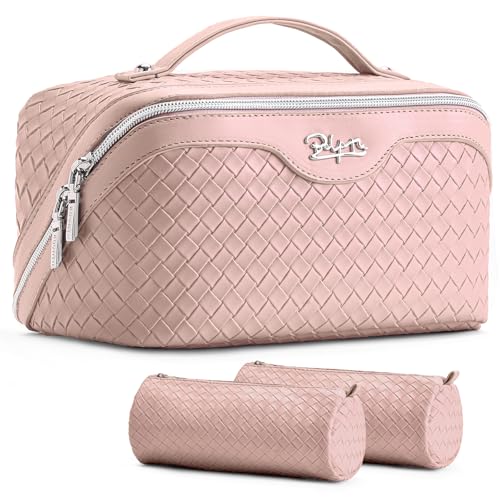 BOYATU Travel Makeup Bag Cosmetic Bags for Women: Large Capacity 3 Pcs Set Make up Bag with Compartments - Waterproof Vegan Leather Toiletry Organizer Bags with Handle (L02 Light Pink)