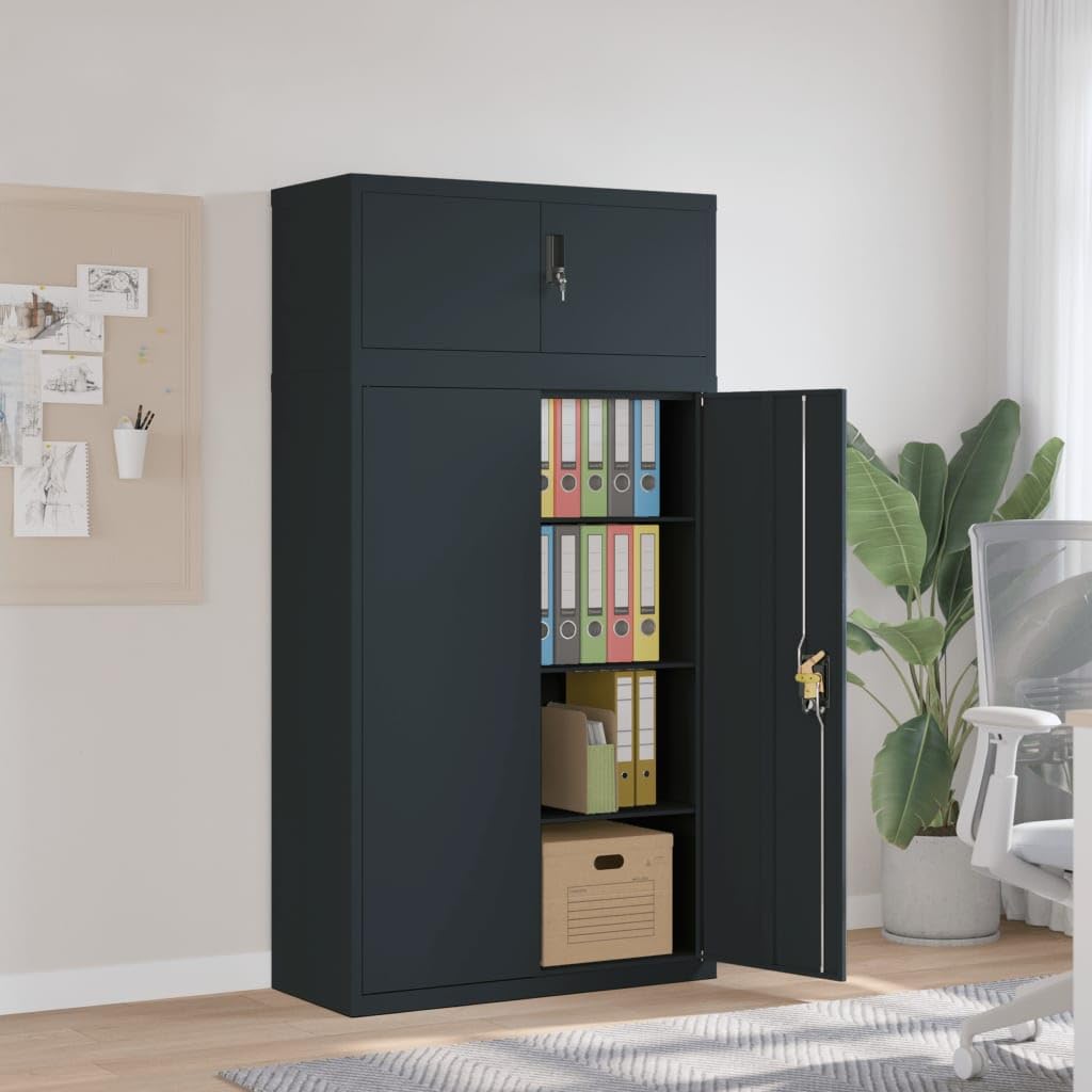 Armadio Classificatore in Acciaio con Serratura 90x40x180 cm | Mobile contenitore da ufficio e studio con 3 ripiani regolabili e struttura robusta in metallo verniciato antracite.
