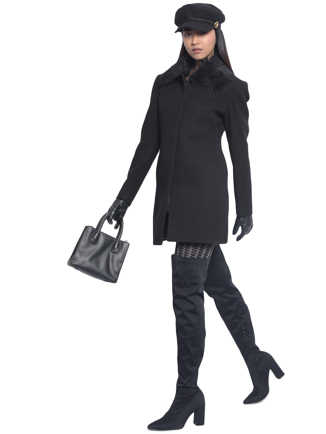 crimsoune club Women's Black Faux Fur Detailed Overcoat-picture-24