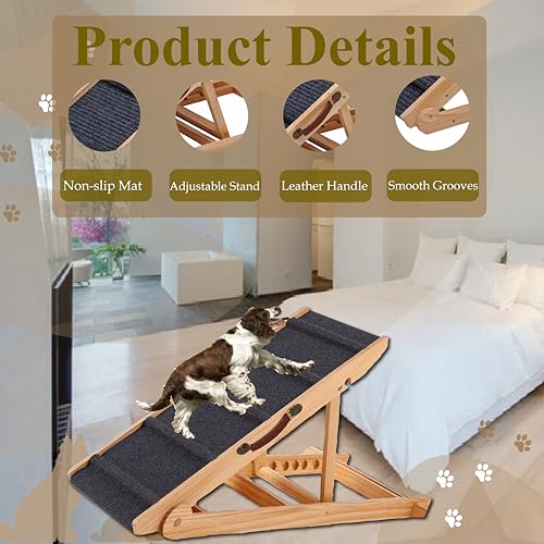 PAWBLISS Adjustable Dog Ramp for All Dogs | 6-Level (12.2"-25.5") Solid Wood Ramp | Non-Slip Carpet for Large & Small Dogs | Supports 200lbs | Portable Dog Ramp for Bed & Couch with Leather Handle - Image 6