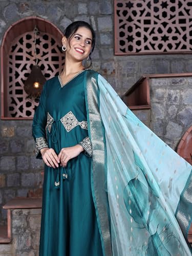 Image of EthnicJunction Women's Cotton Silk Embroidered Anarkali Kurta Palazzo with Digital Print Dupatta Set