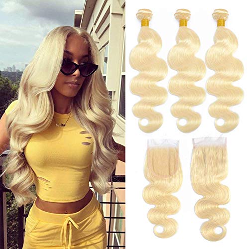 YCHENGEN 613 Blonde Bundles With Closure,Body Wave Bundles with Closure Weaves 4×4 Lace Closure with 3 Bundles(12 14 16 Inch)Brazilian Virgin Remy Human Hair 150% Density(12 14 16+10,613)