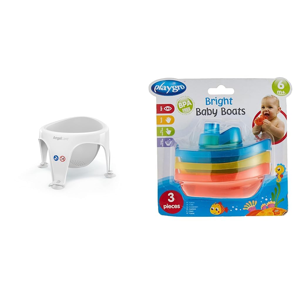 Angelcare ergonomischer Badering für die große Badewanne oder Dusche, Light Grey & Playgro Badeboote, 3 Stück, BPA-frei, Ab 6 Monaten, Bright Baby Boats, Blau/Rot/Gelb, 40146