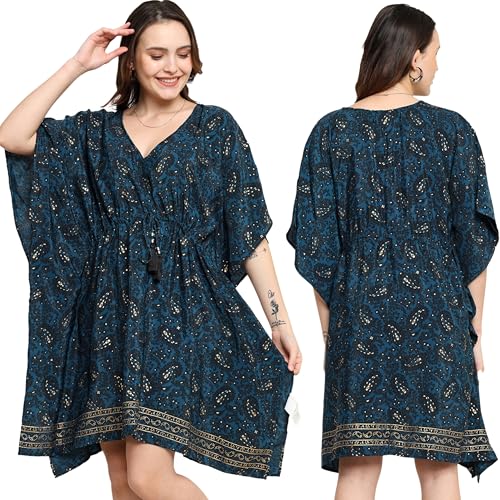 Image of KE KANHA EXPORTS Kaftan Dress|kafthan|kaftan kurti for women|beach wear dress for women|Boho Beach|Border Print Drawstring Tassel|Printed|Easily fits M TO XXL|Bust32-42in Length36in