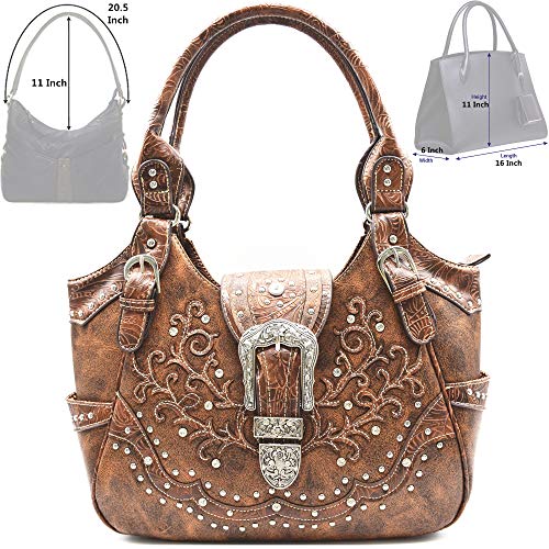 Western Style Tooled Leather Conceal Carry Purse Buckle Country Large Totes Handbag Women Shoulder Bag Wallet Set Brown2
