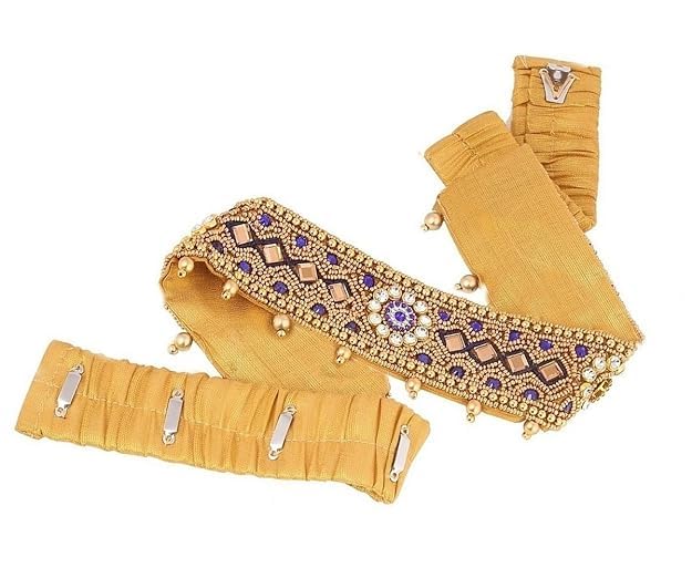 GenericEmbroidery Zari aari work Blue Kamar Patta band Belly Waist Hip Belt Belly Chain vaddanam for Girls Half saree (Stretchable Size 22-28 inches only)