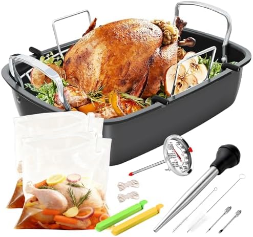 Roasting Pan, 17x13 Inch Nonstick Turkey Roaster with Removable Rack & Cooking Kit,Roaster Pan for Roasting Turkey, Meat & Vegetables (Silver)