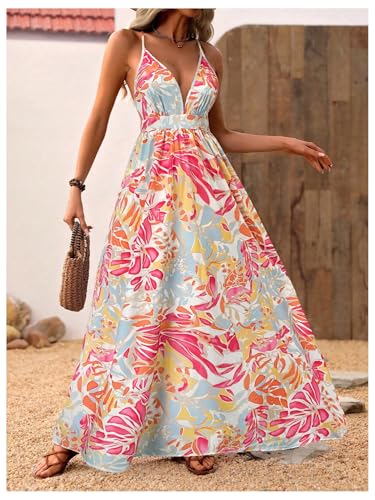 Image of MakeMeChic Women's Boho Maxi Dress Summer Luau Outfits Beach Wedding Guest Backless Sundress Flowy Resort Wear