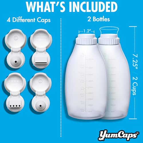 Yumcaps Squeeze Bottle with 4 Unique Cap Adapters – 2 Refillable Sauce Bottles For Condiments and Dressings - Drizzle Mess-Free, Precise Control - Thumbnail 3