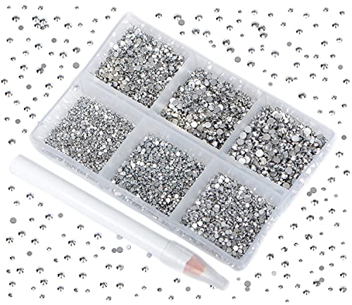 Image of Bymitel 7200 Pieces 6 Different Sizes Stick on Glass Rhinestones Round Crystal Gemstones Flat Back for DIY Jewelry Making with a Picking Pen (6 Sizes, 7200 Pieces)