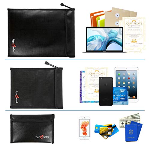Fireproof Waterproof Money Document Bag - 3 Pack Safe Upgraded Zipper Bags, Fire & Water Resistant Storage Organizer Pouch For A4 A5 Documents Holder,File,Cash,Jewelry,Passport,Tablet,Laptop (Black) #TOP3