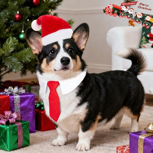 MELLIEX 2 Stück Weihnachten Hundekostüm, Hunde Katzen Weihnachtsmützen und Krawatte Weihnachtskostüm Zubehör Set für Haustier(46cm