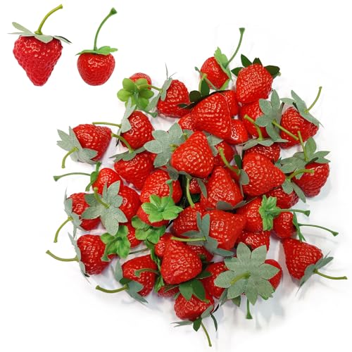 MioSeteoor 60PCS Fake Strawberries Fake Fruit Artificial Strawberry Kitchen Décor Plastic Strawberry Party Decorations Realistic Fake Food Lifelike for Display Photography Props