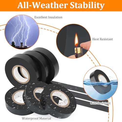 Image of 6 Pack Black Electrical Tape, 66 Ft Waterproof Electric Tape Black | High Temperature for Repairs, Adhesive, Insulating Electrical Tape for Home Outdoor, Electrical Tools and Accessories