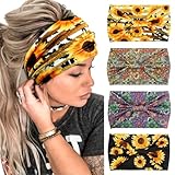 Huachi 4 Packs Boho Headbands for Women Wide Sunflower Thick Head Bands for Women's Hair Flower Printed Elastic Hairbands Large African Sport Yoga Turban Headband Hair Accessories (Pack of 4)