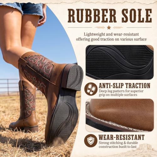 Image of SheSole Women's Cowboy Boots Square Toe Mid Wide Calf Cowgirl Boots Chunky Heel Fashion Western Boots