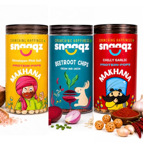 Image of Snaaqz Supergrain Snacks Combo 340g | Beetroot Chips Cream & Onion, Chilly Garlic Makhana & Himalayan Pink Salt Makhana | Pack of 3 | High Protein | Baked & Crunchy | Vegetarian | Low-Calorie | Healthy Snacks for Adults & Kids